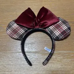 ミッキー耳カチューシャ チェック柄 ボルドーリボン