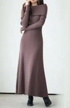 新品 セゾンドパピヨン オフショルニットチョコ M リブ編みロングワンピース