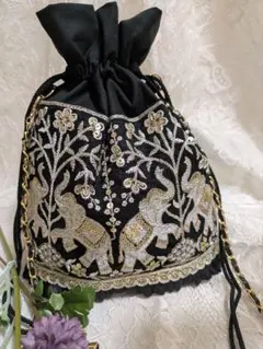 インド刺繍　巾着バッグ　サコッシュ　21