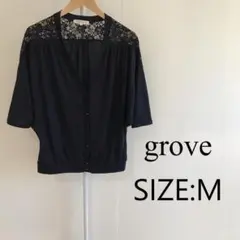 【美品】 grove レディース 7分丈 トップス レース 花柄 ブラック 黒