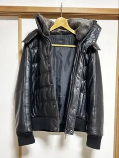 本革 フード付きダウンジャケット ブラック【SALE】