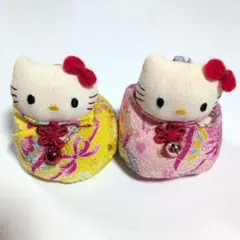 新品 ハローキティ お手玉ちりめん風 着物ぬいぐるみ ピンク黄セット 未使用品