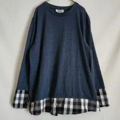 重ね着風 長袖カットソー Lサイズ チェック柄 ネイビー