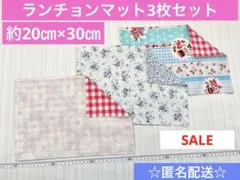 ハンドメイド　いちご　チェック柄　リバーシブル　ランチョンマット　3枚セット