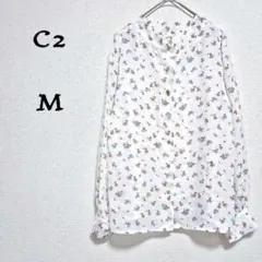 クロスツー　C2 花柄シアーシャツ　ブラウス　バンドカラー　ホワイト　透け感