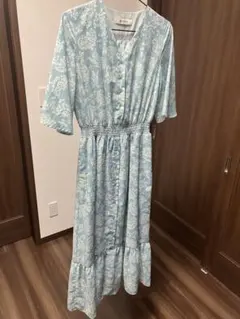 nano universe 水色 花柄 半袖 ロングワンピース