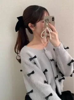 GRL リボンフェザーニットカーディガン　グレー　 kz609