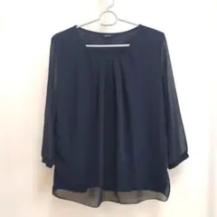 【訳あり美品】コムサイズム シフォン重ねカットソー ネイビー L 七分袖