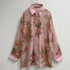 Y315 花柄長袖シャツ　透け感　シアー　ピンク　大人可愛い　羽織りモノ　薄手