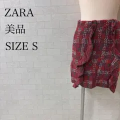 ザラ ツイード ミニスカート レッド 変形 イレヘム S 美品 春夏