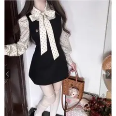 リボン付きドット柄シャツ×スクエアネックノースリーブミニワンピースセットアップ