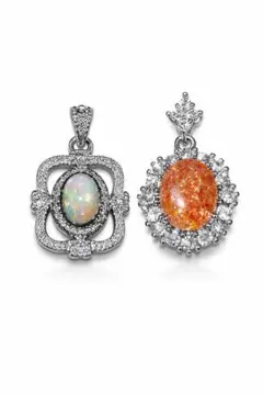 天然石ペンダント2点セット サンストーン＆オパール風 キラキラ 高級感あり