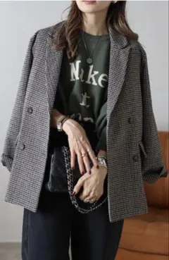 ボンサガ　ガンクラブチェックオーバーサイズダブルジャケット　チャコールグレー