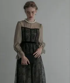 【BONLECILL】ベロアパイピング キャンディスリーブ フラワーレースドレス