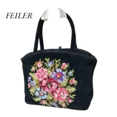 フェイラー ミニボストンバッグ トートバッグ 花柄 刺繍 パイル地 タオル地 黒