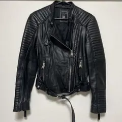 美品 ZARA 40 ダブルライダースジャケット ラムレザー 羊革 ブラック ZARA ラムレザー ダブルライダースジャケット ブラック 羊革 本革