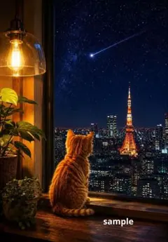 東京タワーと茶トラ猫のデジタルアート A4