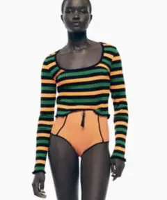 ZARA 深Uネックマルチボーダーリブニット　カットソー