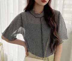 GRL チェック柄メロー楊柳シフォントップス