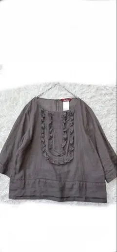 新品✨MaxMara フリル付き長袖シャツ オリーブ　グリーン　ラミー　リネン 新品✨MaxMara フリル付き長袖シャツ オリーブ グリーン ラミー リネン