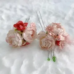 ピンク系 鳥と花の髪飾り　成人式　七五三等