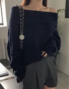 SHEIN DAZY オフショルダー セーター ロングスリーブトップス ネイビー
