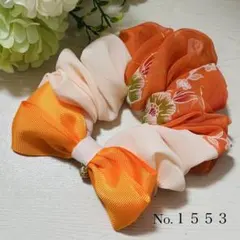 リボンシュシュ 花柄 オレンジ ハンドメイド No.1553