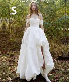 ホワイト オフショルダー ウェディングドレス 袖取り外し可能 S ガーデン