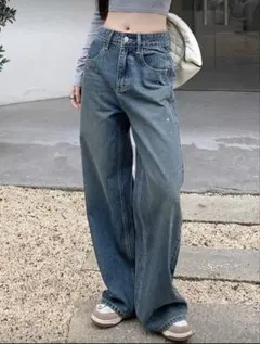 SHEINキラキラスパンコールハイウエストワイドレッグデニムパンツ