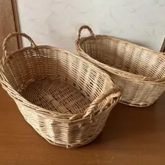 レトロな籐製 楕円形中型バスケット持ち手付きカゴ　2個セット