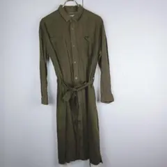 【サマンサモスモスブルー】　カーキのシャツロングワンピース　ウエストリボン　L