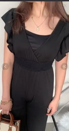 フリル袖オールインワン ブラック