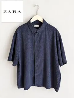 ZARA ザラ 半袖シャツ XL ネイビー チェック リヨセル メンズ
