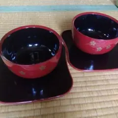 赤色 漆器 花模様 椀と皿セット