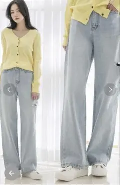 UNEMANSION ライトブルー　デニム　ダメージ加工　ワイドデニム　韓国