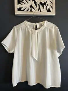 美品◆ボウタイ◆11号◆L◆ホワイト白◆リボン付き半袖ブラウス