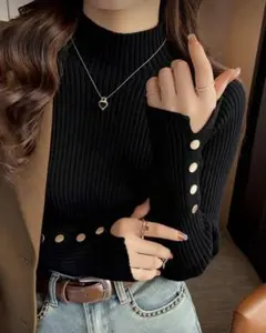 リブ編みタートルネックセーター 黒 Mサイズ