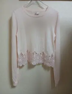 DIVIDED ピンク レース裾 長袖ニット XS