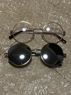 シルバーフレーム ラウンド型 メガネ サングラス セット