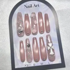 【現品】花柄×ピンクマグネット ネイルチップ 韓国 ワンホン 量産型 ロング