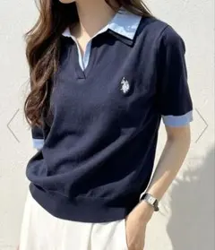 【U.S.POLOASSN.】衿付ポロニットトップス　LL ネイビー