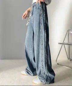 タグ付き未着用新品⟡.· JaVaサイドフリンジワイドルーズオーバーデニムパンツ