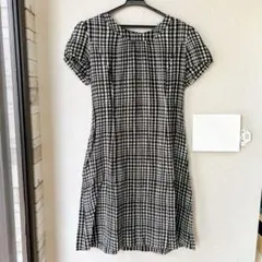 チェック柄 半袖ワンピース 春夏 ペチコート付き 肩パッド付き M L