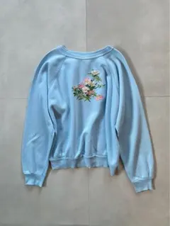 古着 ビンテージ 80s 花柄 刺繍 空色 L スウェット トレーナー 希少