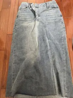 デニムロングスカート ライトブルー フリンジ裾