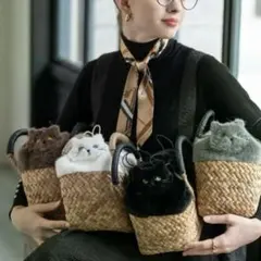 Tomokoさま専用HAYNI Minetpluche 猫型巾着付きかごバッグのサムネイル