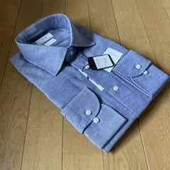 ユニバーサルランゲージ長袖ドレスシャツ新品L41-84リネン混ブルー