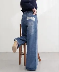 【試着のみ】natural couture ポケットレースワイドデニムパンツのサムネイル
