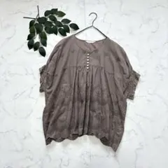 B77✾スタディオクリップ✾刺繍ブラウス【L】コットン100/レース/ブラウン