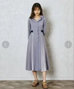 配色ダブルバックルスカラップシャツワンピース